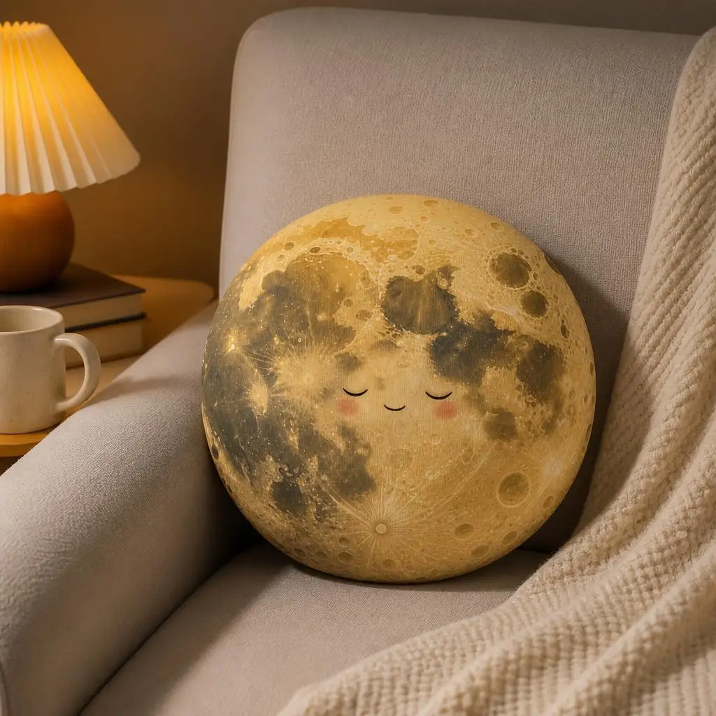 Sleepy Full Moon Plush Pillow Cute Lunar Crater Cushion Stuffed Round Throw Pillow Space Decor Gift for Kids Bedroom Nursery