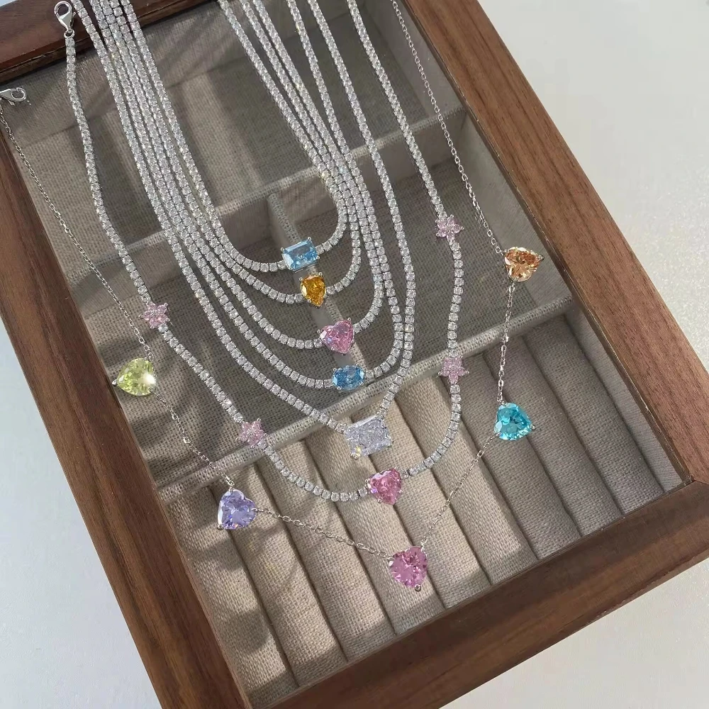 

Genuine S925 Sterling Silver Necklace Multicolor Gemstone Heart Pendants & Cubic Zirconia Elegant Gift for Women Girlfriend, Mom