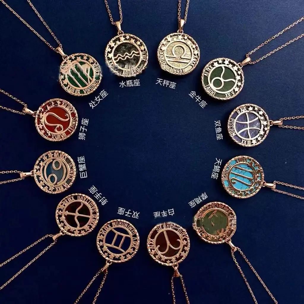 Bracelet Hand String Brahma Twelve Constellation Long Necklace Embossed Semi-Precious Stone Creative Design Coin Pendant Sweater