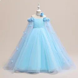 Girls' Off Shoulder Long Cape Dress, Solid Color Mesh Wedding Flower Girl Birthday Party Princess Dress for 8 9 10 11 12