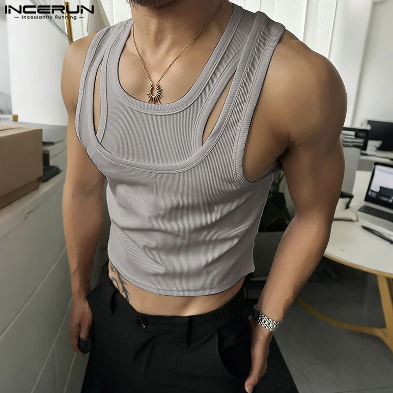 INCERUN Männer Tank Tops Einfarbig Aushöhlen Oansatz Ärmellose Männliche Westen Sommer Streetwear 2025, Sexy Mode Männer Kleidung S-3XL