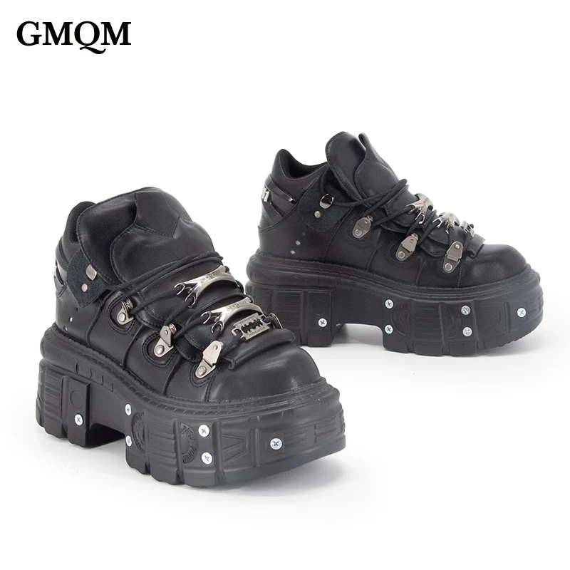 GMQM Fashion Women's Flat Platform Ankle Boots Black Punk Style Round Toe Thick Sole Rock Boots Metal Decor Y2k Halloween Shoes