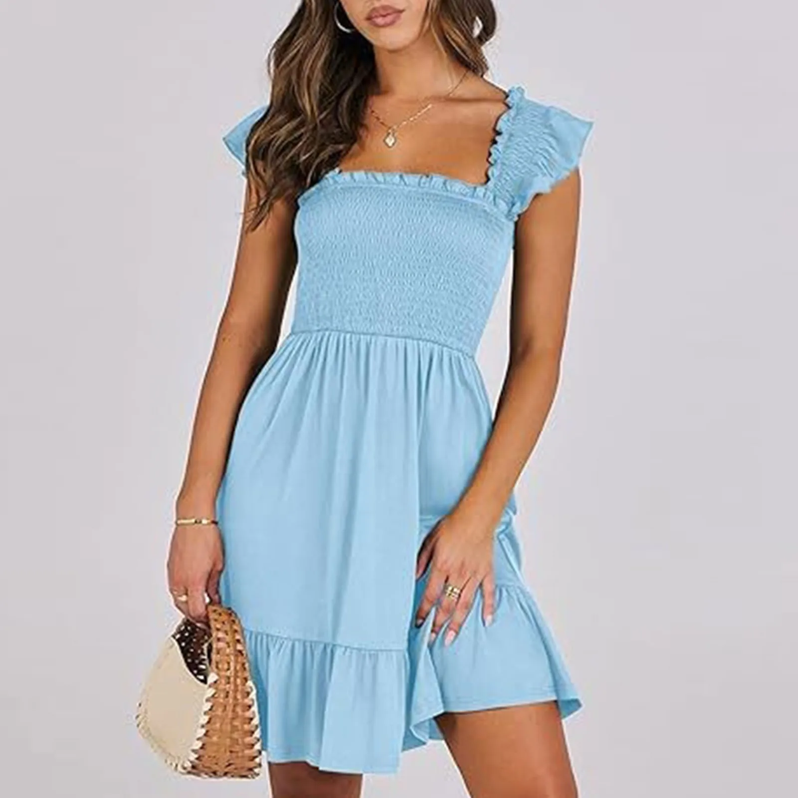 A Line Womens Summer Dress Casual Square Neck Ruffles Sleeve Backless Boho Short Dresses Ladies Slim Fit Pleated Vestidos Midi