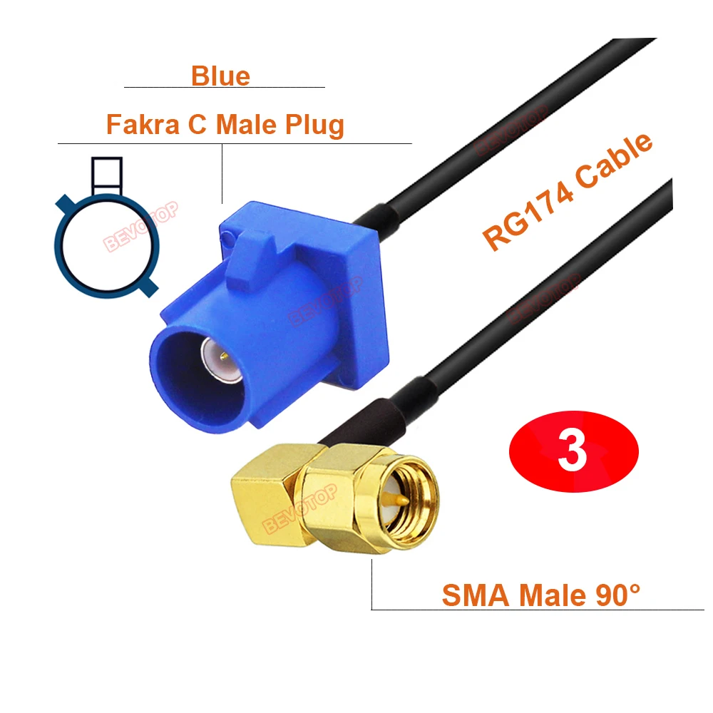 1PCS Fakra C Male to SMA Male Straight / Right Angle 90° Plug RG174 Pigtail GPS Antenna Extension Jumper BEVOTOP RF Coax Cable