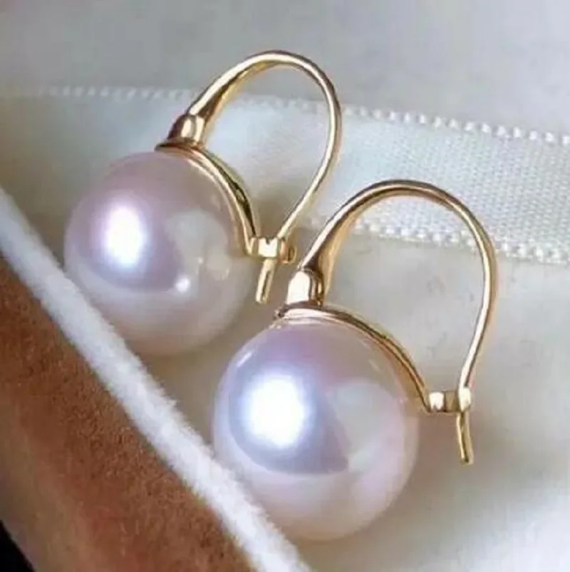 Super large AAAA 10-11mm natural white powder South China Sea round pearl earrings in 18k gold