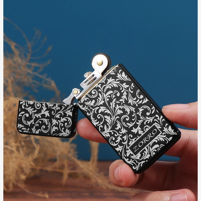 ZORRO-Ultra-thin Brass Kerosenei Lighter for Boys and Girls, Ultra-thin, Black Ice, Creative Personality, Portable Lighter