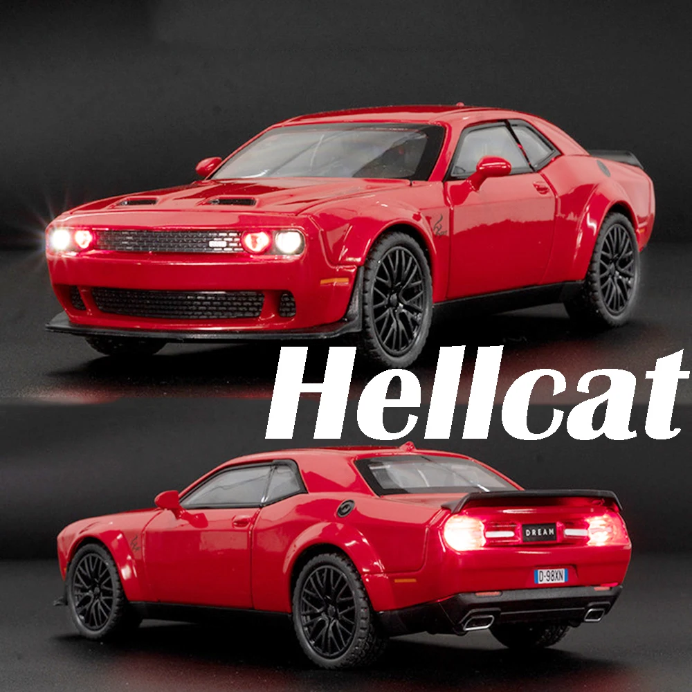 

Масштаб 1:32, модель Challenger Hellcat, игрушечные миниатюрные автомобили, сплав, литой под давлением звук, свет, двери с открытым отверстием для мальчиков, развивающие игрушки
