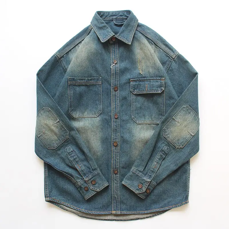 

Ретро-японская джинсовая куртка для мужчин, свободного кроя, с длинными рукавами, на пуговицах, из полиэфирного волокна, ветрозащитная.