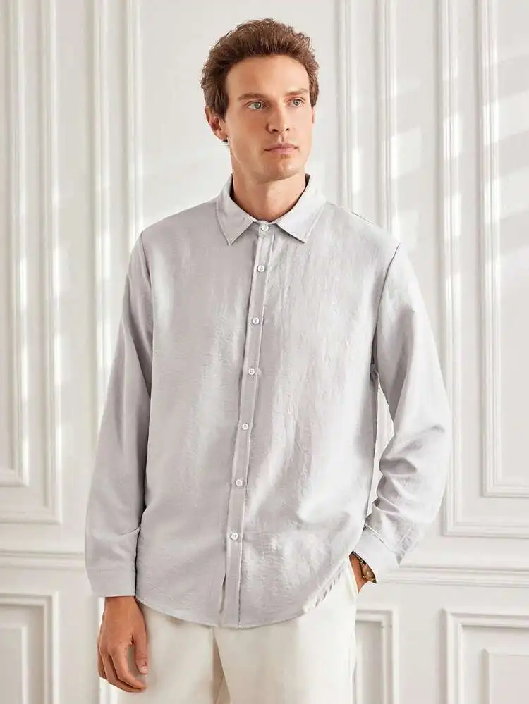 Men s Grey Textured Long Sleeve Dress Shirt For Business Casual Commuting Gift For Father Husband
