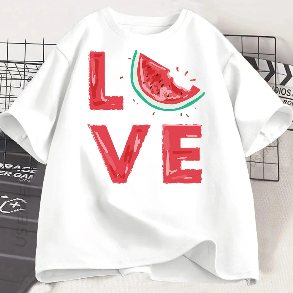 Maycaur New Kawaii Watermelon Fruits Print Women Tops Casual Female Short-sleeved Streetwear Black Round Neck T-shirts Goth