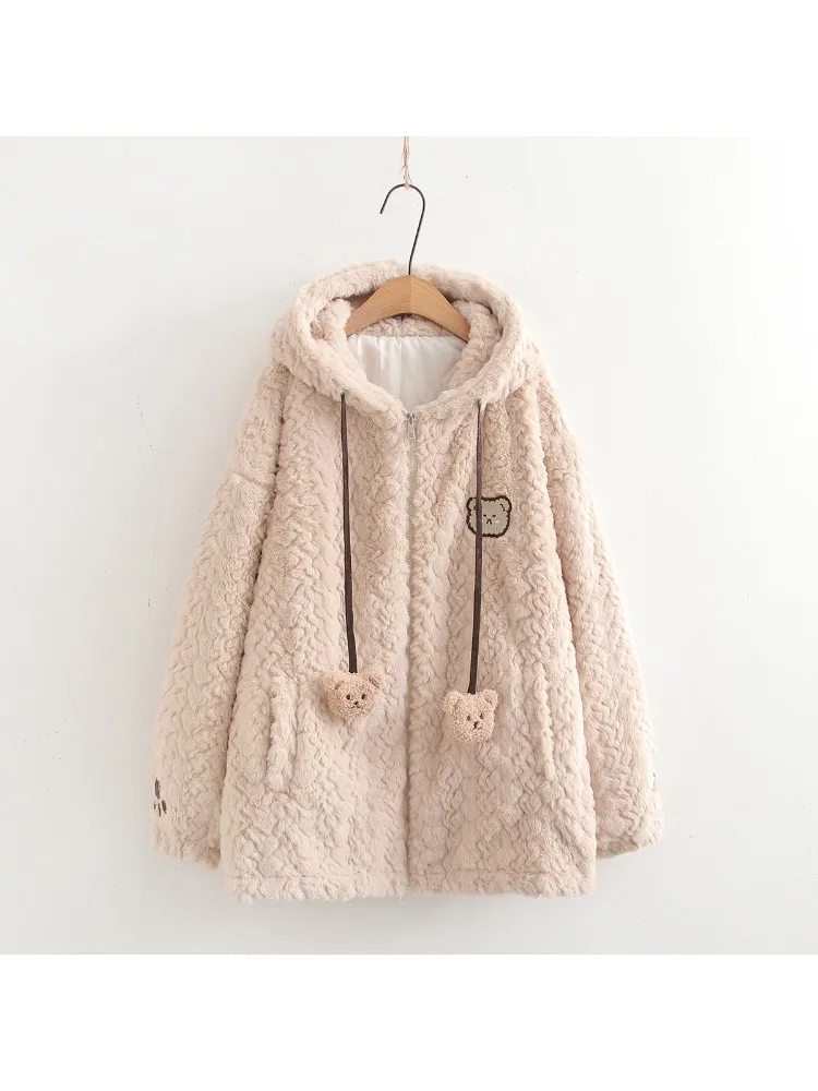 נשים קישושים עבות קישושים סמיך עבות עם אוזן דוב על ברדס 2024 בחורף שרוולים ארוכים רופפים רוכסן רופפים