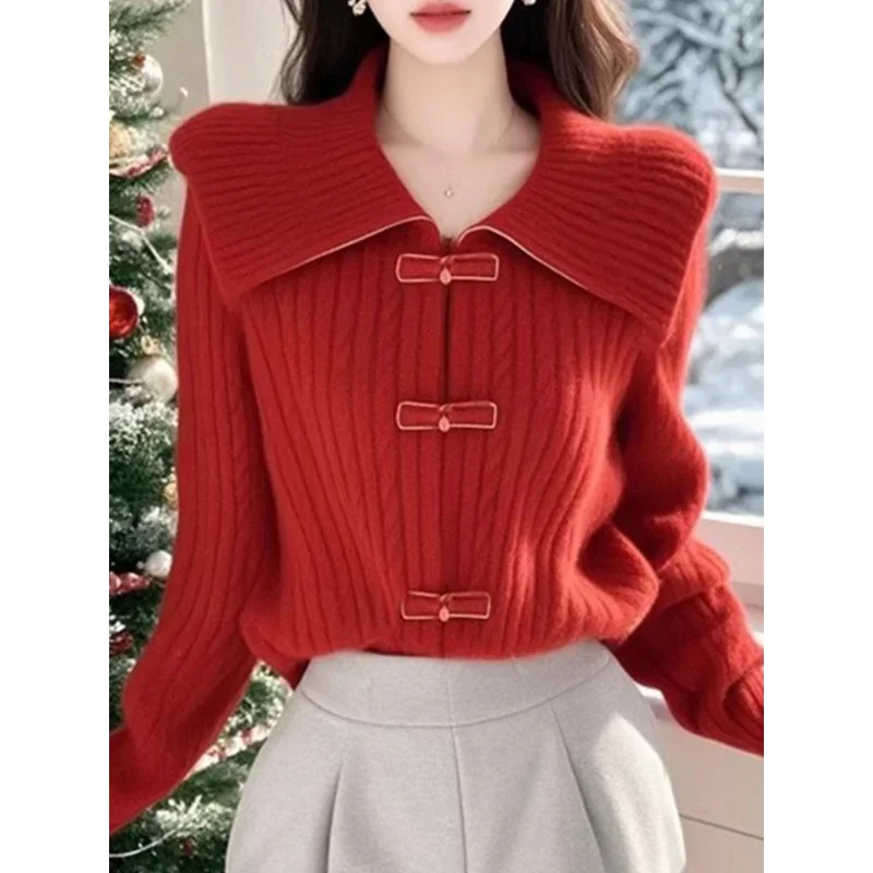 

New Winter Fashion Sweater Red Knitted Cardigan Tray Button Chinese Style Long-sleeved Top Casual Warmth