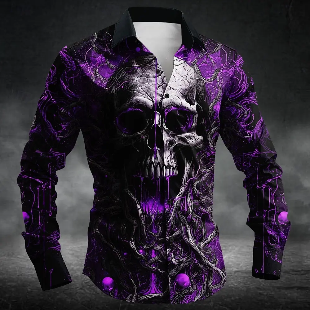 Halloween Men Horror Skull Printed Shirt Vintage Long Sleeve Button Down Tops Gothic Horror Graphic Casual Party Men Shirts