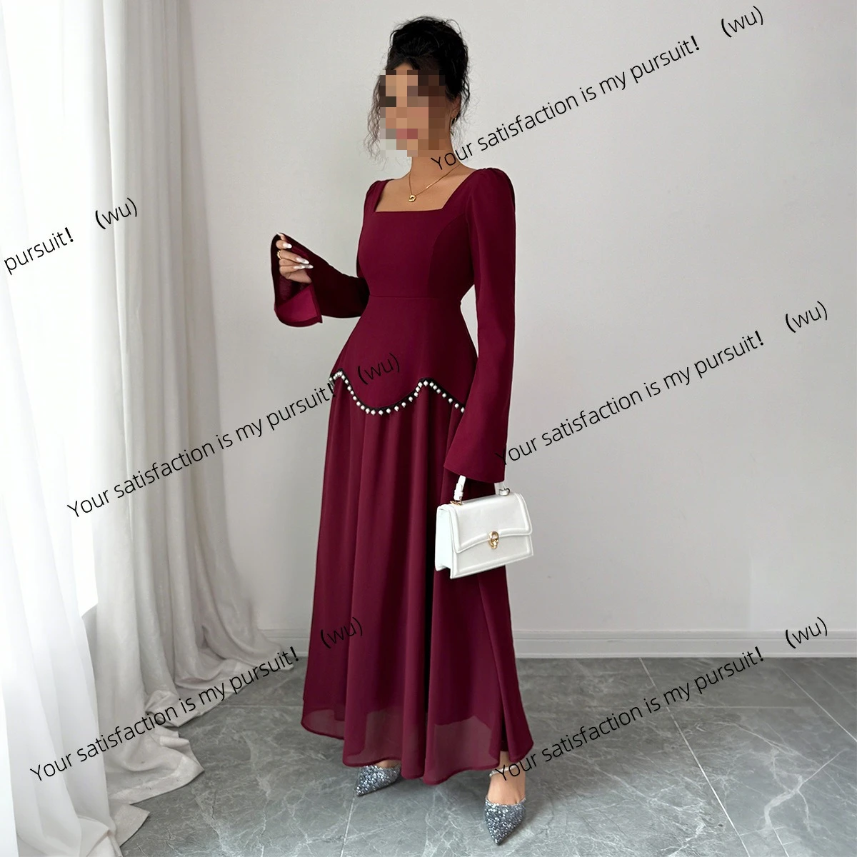 

European and American elegant simple long-sleeved high-end long skirt dress women's clothing