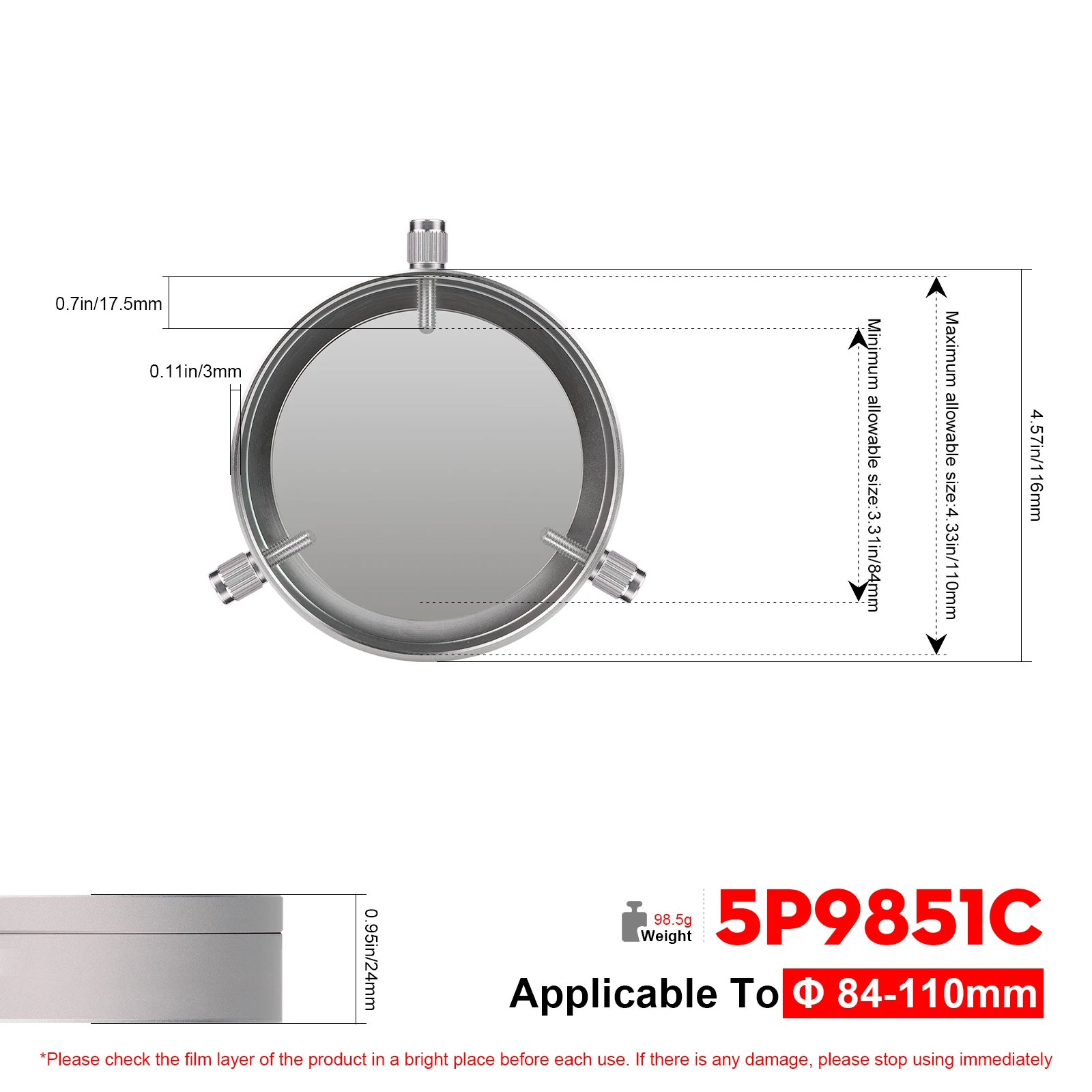 Hoja de filtro de observación solar Datyson, tapa totalmente metálica para objetivos de telescopio/lentes de cámara de 44-210mm