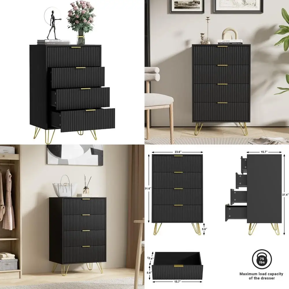 4 Drawer Dresser for Bedroom, Black Bedroom Dresser with Gold Handles, Tall Chest of Drawers for Kids Room, Small Wood Storage T