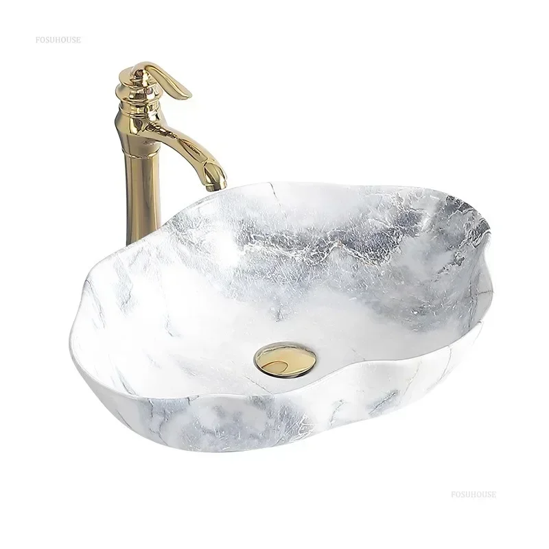 W# European Marble Pattern Ceramic Bathroom Sinks Art Wash Basin Above Counter Balcony Home Fixture Vanity Sink Decor