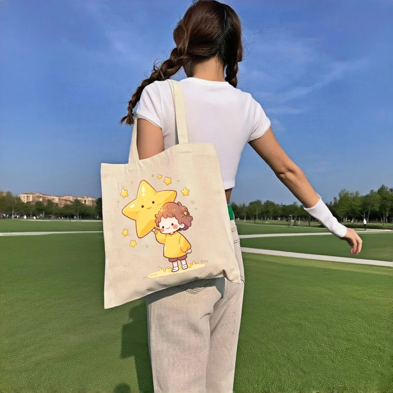 

1pc Cartoon Star Kid Print Canvas Tote Bag Double Sided Shoulder Bag Casual Student Handbag Eco Shopping Bag