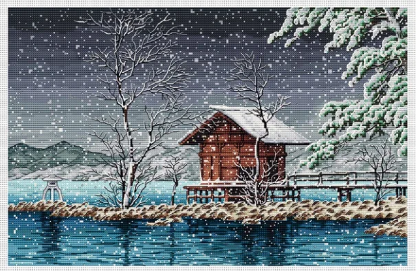 cross stitch kit landscape 14ct   aida count canvas stitching embroidery DIY handmade needlework  riverside cottage in snow