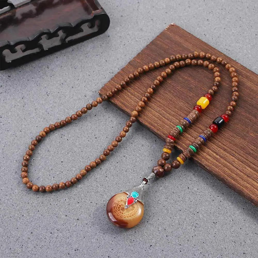 Women Ethnic Nepal Horn Jewelry Mala Wood Beads Long Necklace Pendant Necklace