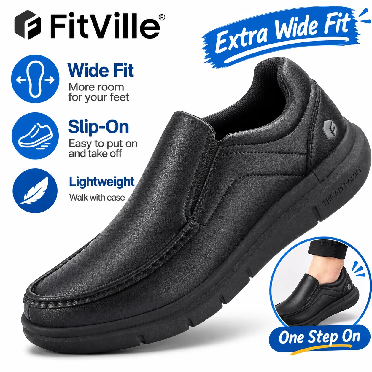 Fitville Herren-Lederschuhe, breite Passform, zum Hineinschlüpfen, lässige Anzugschuhe, leicht, für geschwollene Füße, mit Fußgewölbestütze, schmerzlindernd