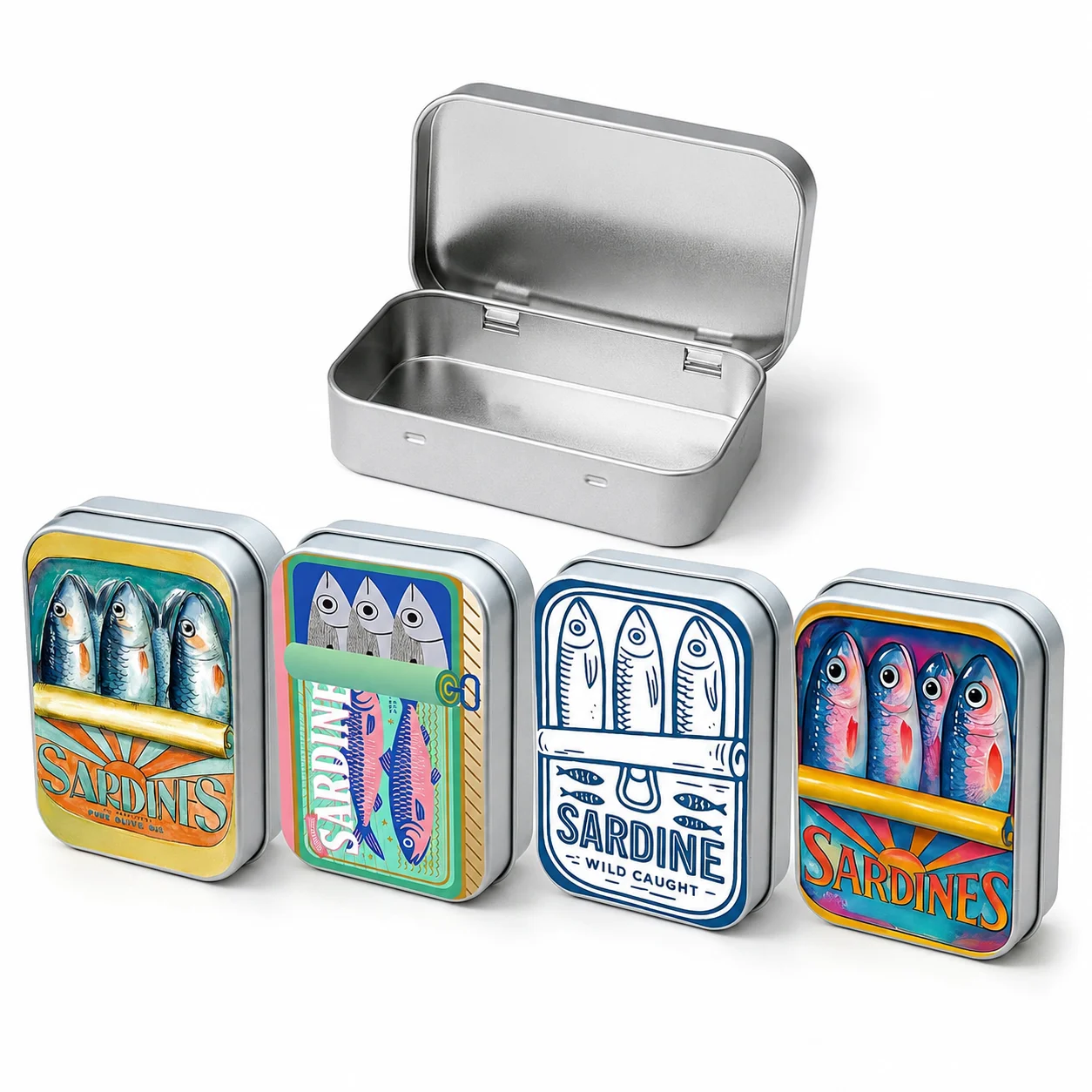 Retro Sardine Print Mini Metal Storage Tin, Portable Hinged Box for Earbuds Jewelry Pills Coins Travel Desk
