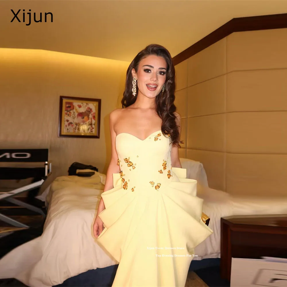 

Xijun Luxury Yellow Crepe Evening Dresses Appliques Pleated Bow Back Mermaid Prom Dresses Sweetheart Dubai Prom Gowns Customized