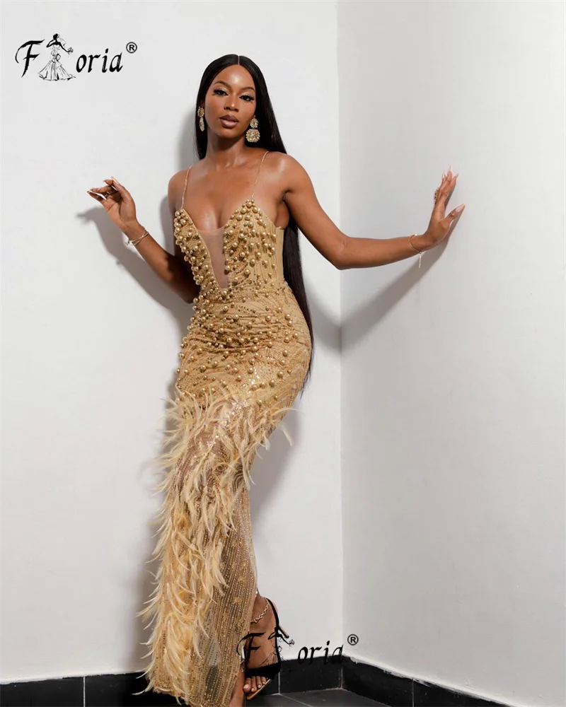 Elegant Full Pearls Beaded Mermaid Evening Dress Spaghetti Strap Floor Length Prom Dress Dubai Gold Feathers Party Robe Soiree