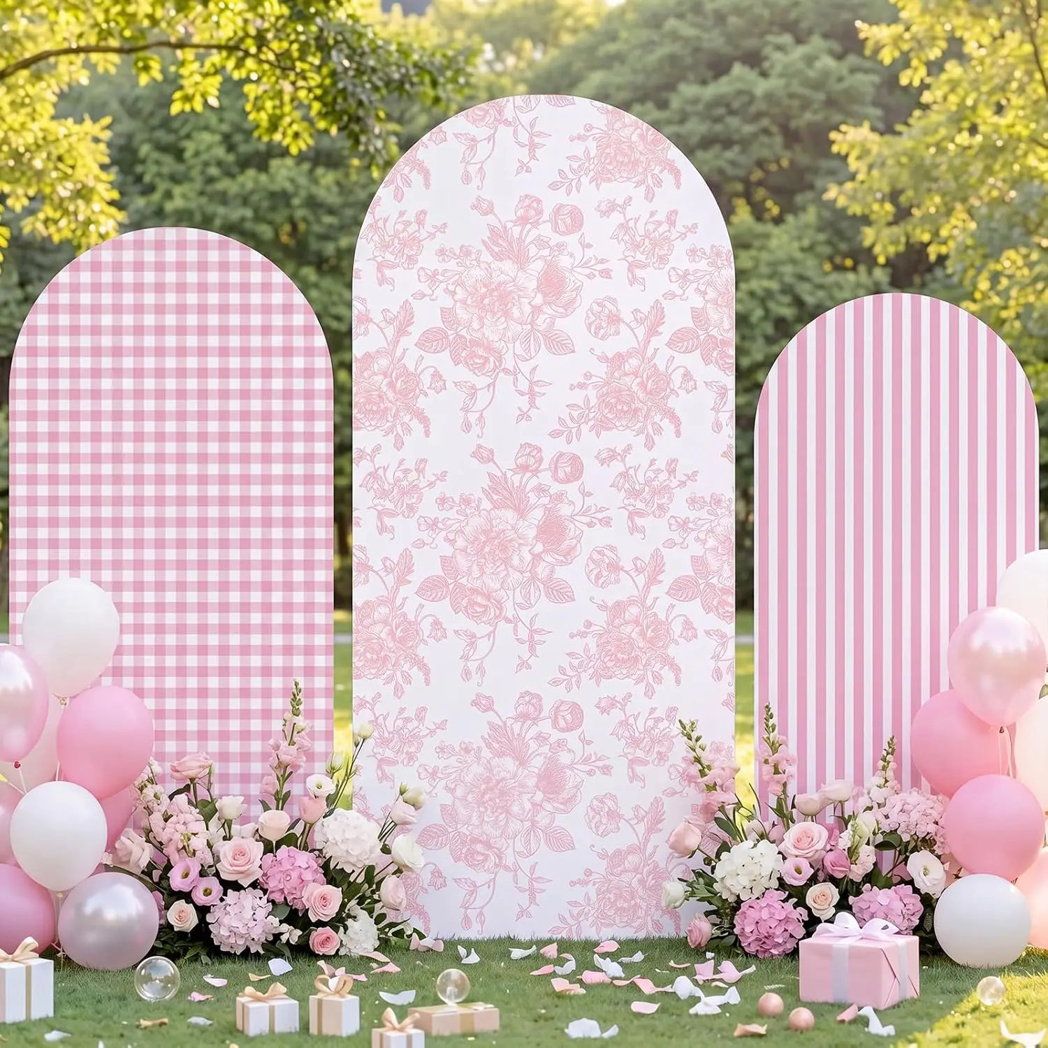 Pink Chinoiserie Floral Arch Background Cover Gingham Striped Wedding Birthday Party Backdrop 2-sided Baby Shower DIY Text Props