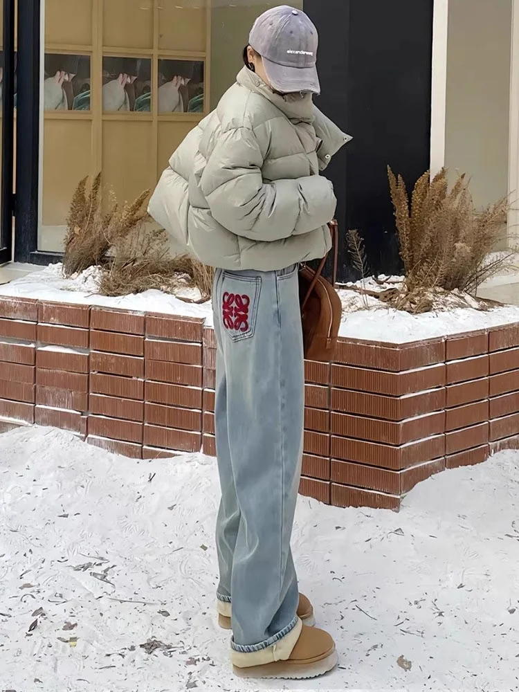 

High Waist Wide Leg Jeans Women's Spring Loose Fit Floor Length Straight Leg Boyfriend Pants Thiened Winter Commute Sle