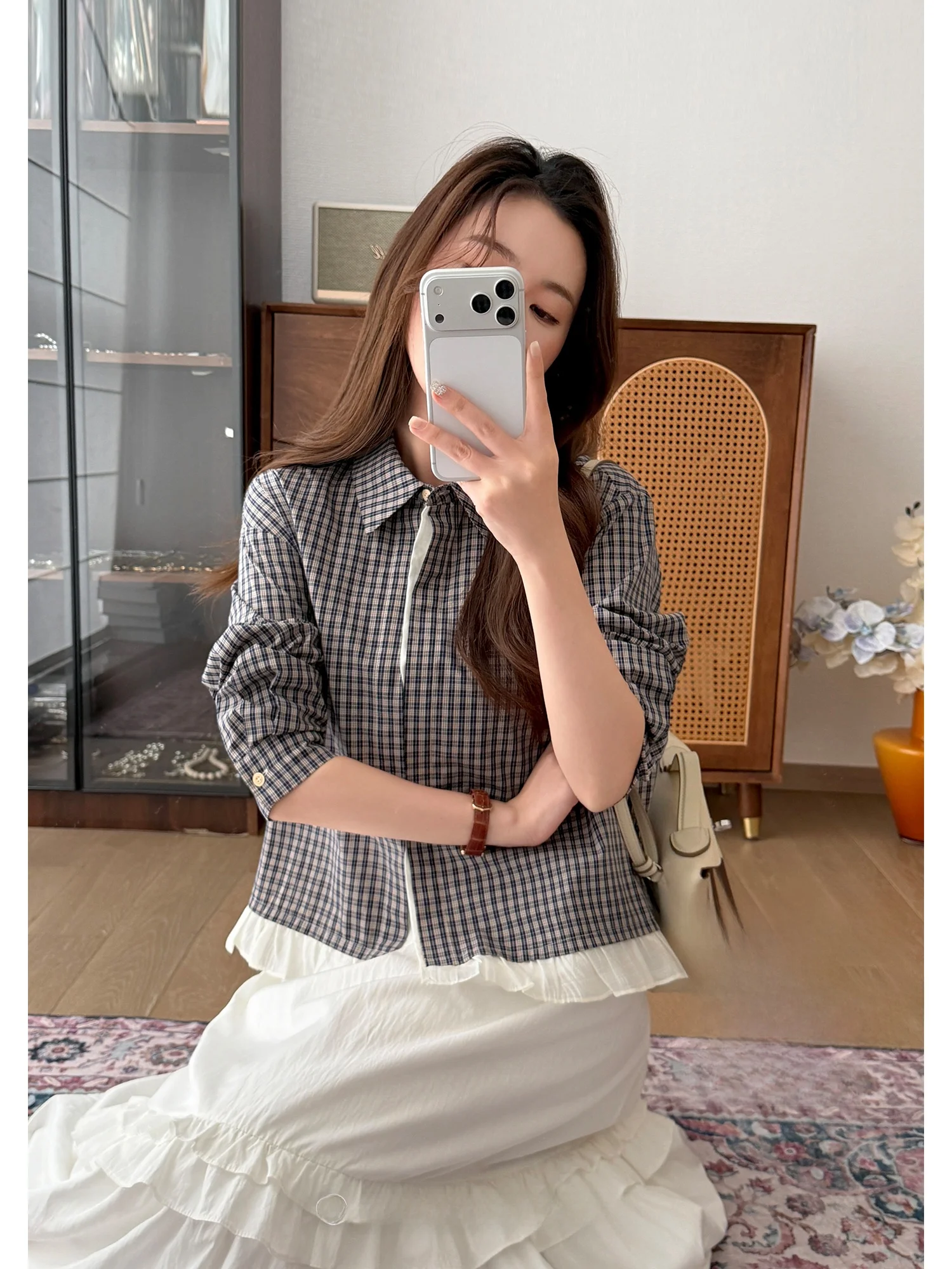 

Хлопковая рубашка в клетку с вставками под дерево, повседневный стиль, с длинным рукавом, для девочек, весна-осень, модная повседневная рубашка