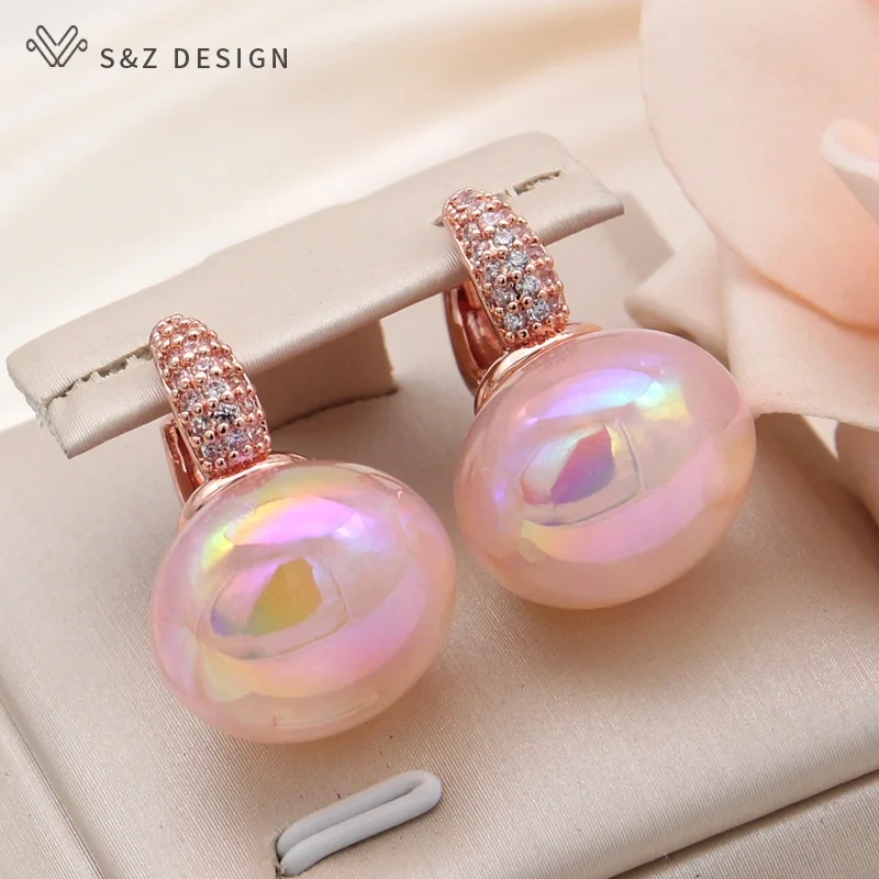 S&Z DESIGN New Fashion Colorful Beads Dangle Earrings For Women Wedding 585 Rose Gold Color Jewelry Cubic Zirconia Eardrop