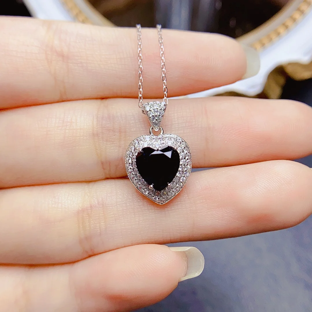 

8mm Natural Black Spinel Heart-shaped Pendant Necklace Real S925 Sterling Silver Fine Charm Weddings Jewelry for Women FS