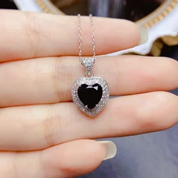 8mm Natural Black Spinel Heart-shaped Pendant Necklace Real S925 Sterling Silver Fine Charm Weddings Jewelry for Women FS