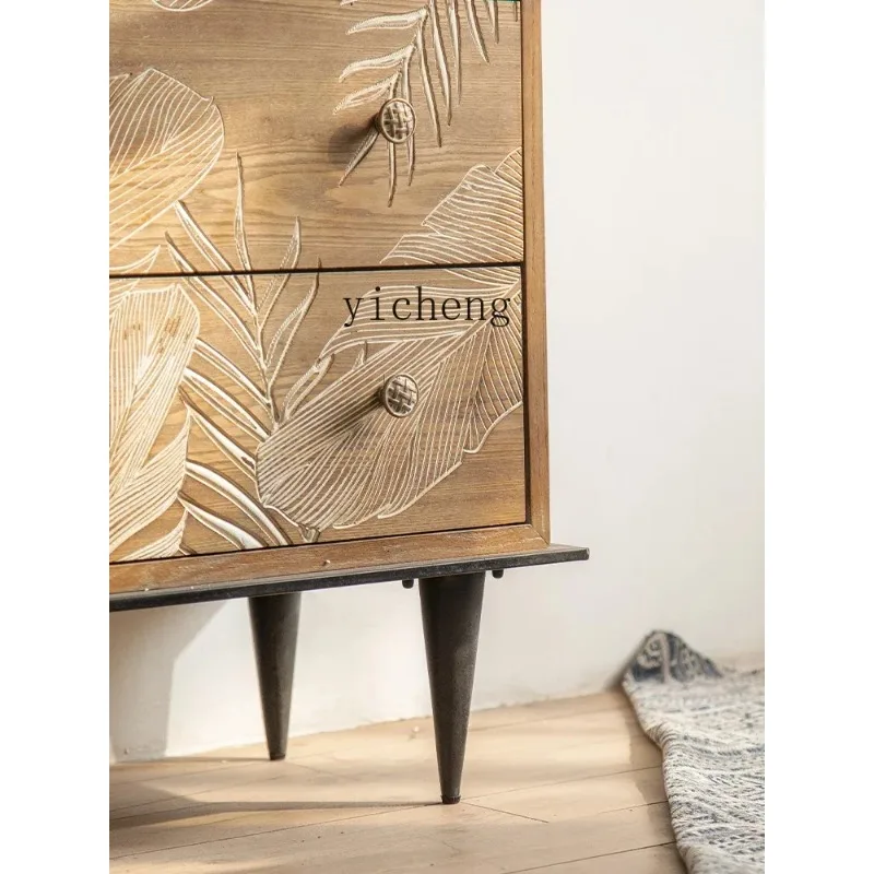 Retro Solid Wood Carving Flower Chest Bedside Table Old Storage Locker French Entrance CabinetX24