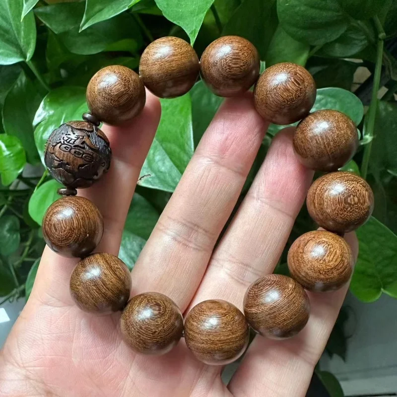 Natural Sandalwood Bracelet Men's Wholesale Small Hole Golden Sandalwood Wood Carving Buddha Beads Hand Catenary Plate Live Broa