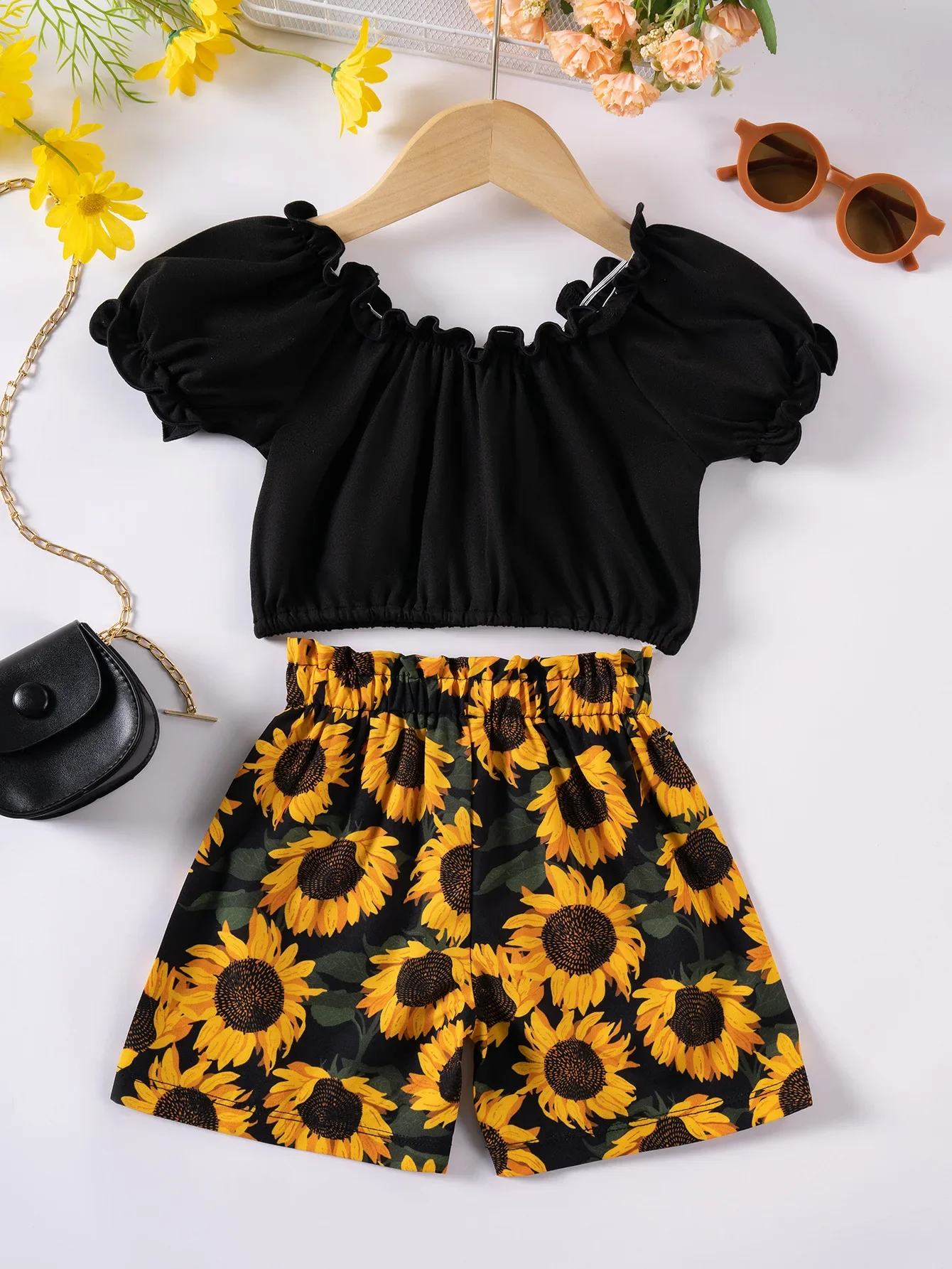 

1 - 6 Y Baby Girls Summer Outfit 2025 New Style Ruffle Sleeve Crop Top and Floral Print Shorts Set Suit for Kids Girls