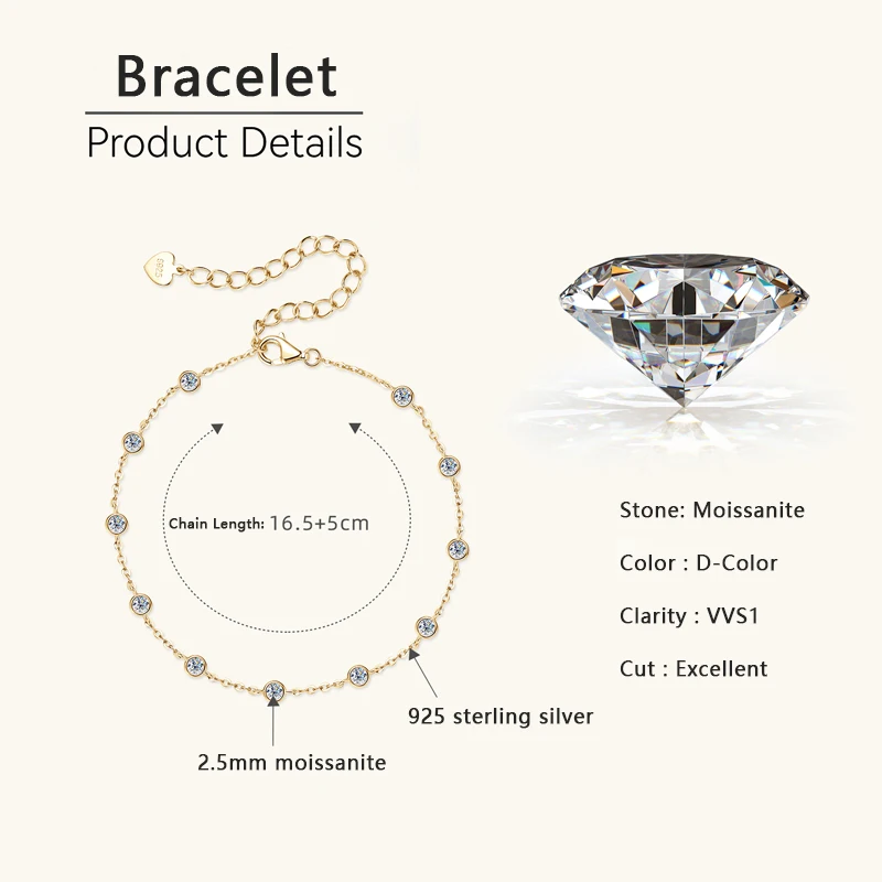 Lnngy 925 Sterling Silver Adjustable Bracelets Certified 2.5mm Bezel Moissanite Cuff Bracelet For Women Hand Chain Jewelry Gift