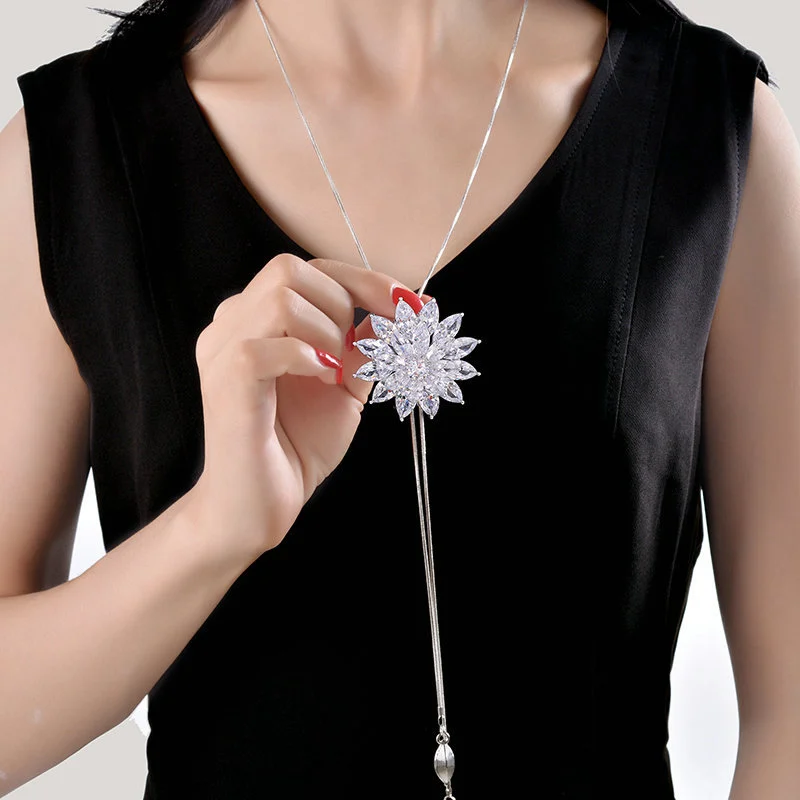 New Snowflake Flower Long Tassel Sweater Chain Necklace for Women Tulip Rose Leaf Elephant Pearl Crystal Pendant Jewelry Gifts