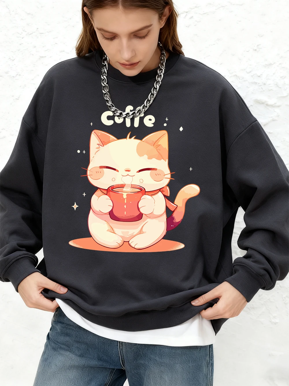 

Толстовки с милым котом и принтом кофе, женские осенние теплые толстовки для бега, топы большого размера с круглым вырезом, базовая одежда с длинными рукавами