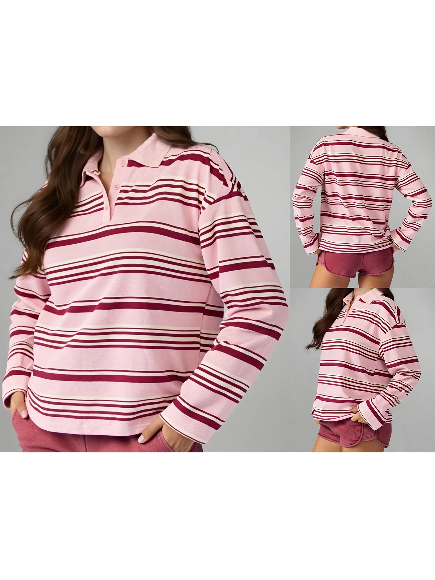 

Женская полосатая футболка с длинным рукавом и отложным воротником, свободный крой, повседневный топ для осенней уличной моды