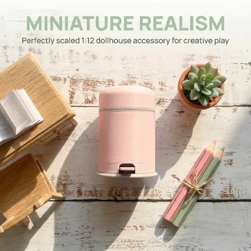 1:12 Dollhouse Mini Foot Operated Garbage Can Realistic Simulation Trash Bin Mini House Scene Decoration