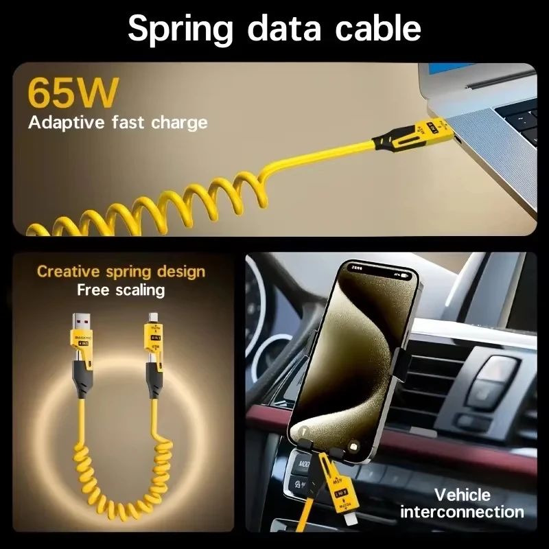 4 in 1 65W Spring Short Data Cable 6A USB Type C Spring Telescopic Quick Charger Wire Spring USB Cable for iPhone 15 14 13 12