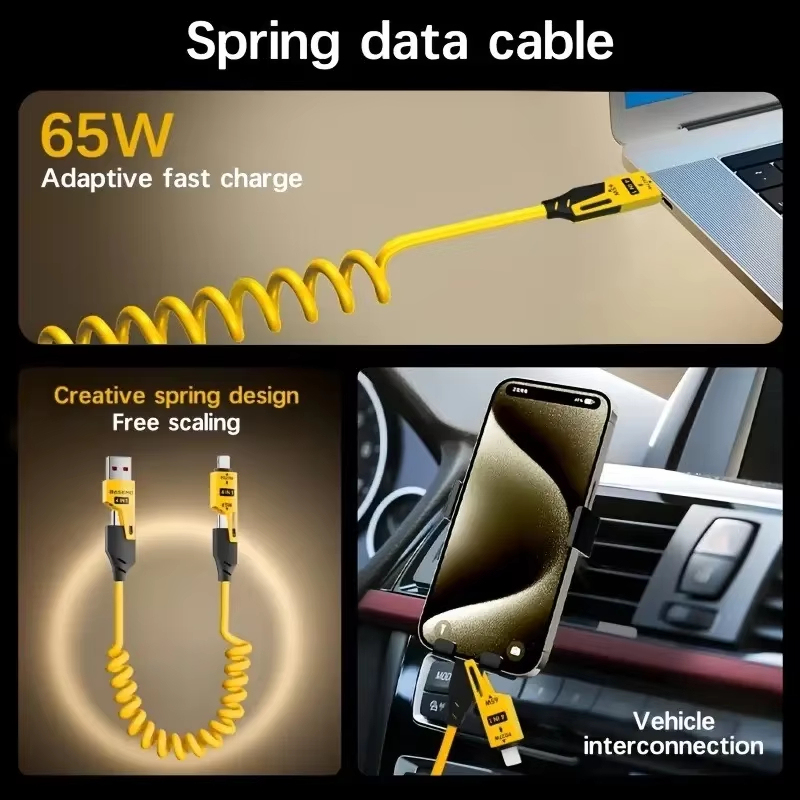  4 in 1 65W Spring Short Data Cable 6A USB Type C Spring Telescopic Quick Charger Wire Spring USB Cable for iPhone 15 14 13 12 
