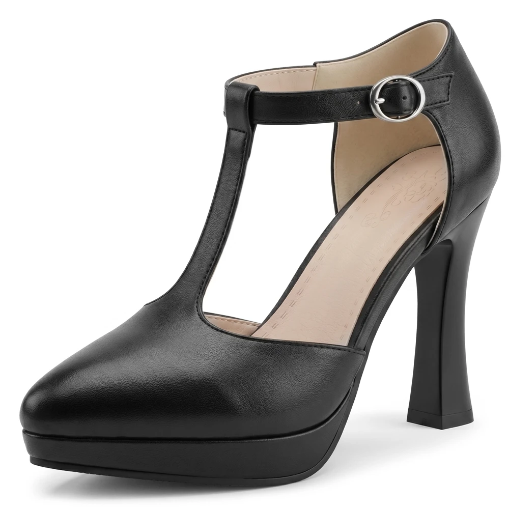 Damen T-Strap Plateau-Pumps 11CM Blockabsatz Spitze Zehe Schnalle Büro-Einzelschuhe Übergrößen 33-50 T18-2