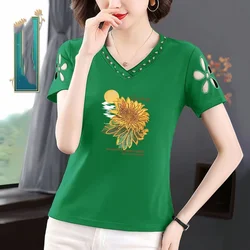 2024 Summer New Women's Pullovers V-Neck Hollow Out Printed Casual Short Sleeve Fashion Loose Commuter Pure Cotton T-shirt Tops