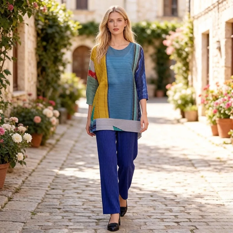 

Комплект Miyake Pleated 2026: Новая модная плиссированная двойка для весны и осени – пуловер с круглым вырезом и брюки с высокой талией и широкими штанинами