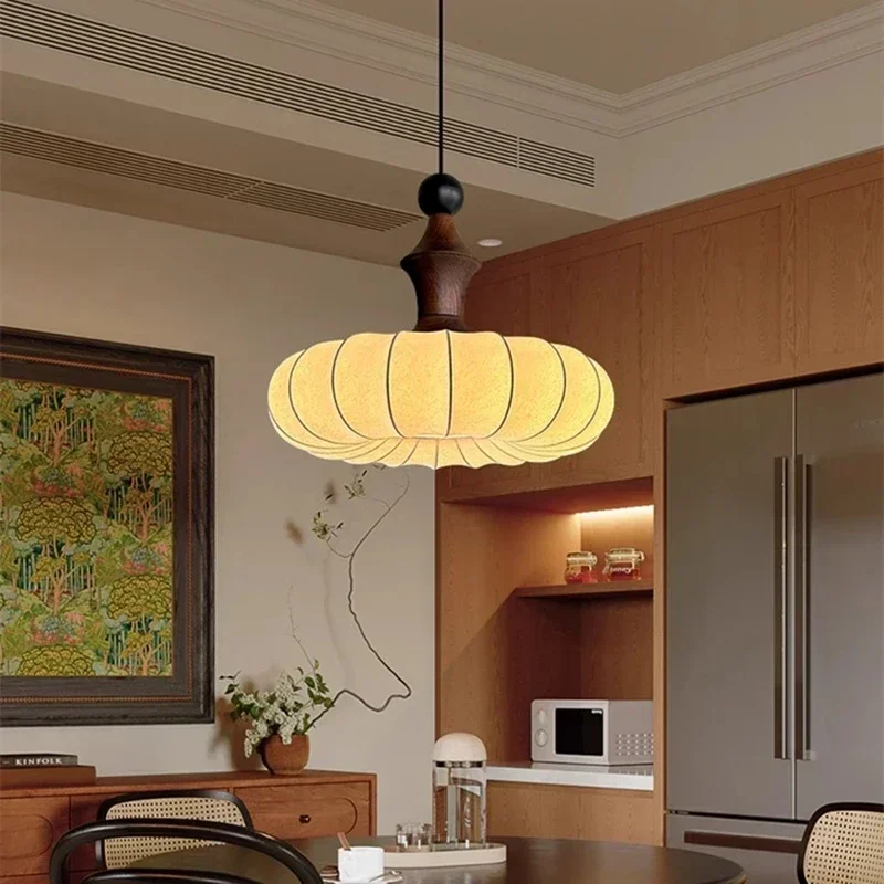 

Nordic Silk Wood Ceiling Pendant Lamps Dining Room Kitchen Chandelier Home Decor Bedsroom Bedside Hanging Light Lustre Fixtures