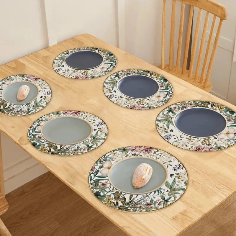 VIKAMA 4-teiliges Set, runde Tischsets mit Frühlingsblumenmuster, wasserdicht, waschbar, rutschfest, für Esstisch, Küche, Heimdekoration