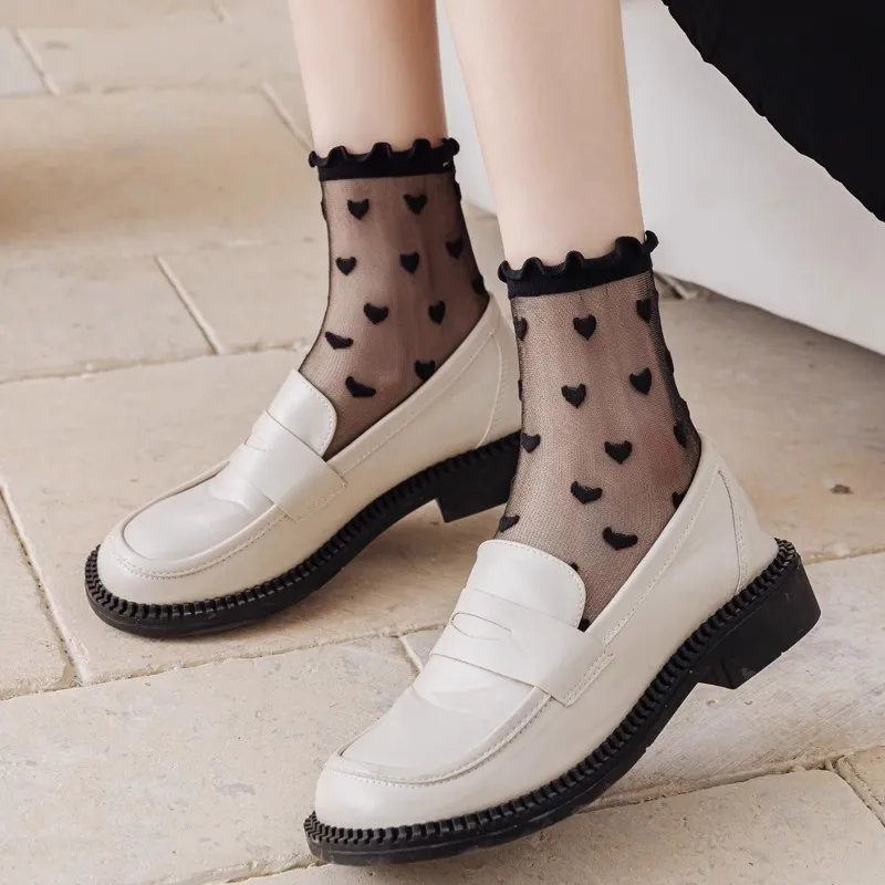 Cute Ruffled Lace Socks Love Heart Pattern Thin Socks Women JK Uniform Lolita Sweet Mesh Crystal Transparent Black White Sock